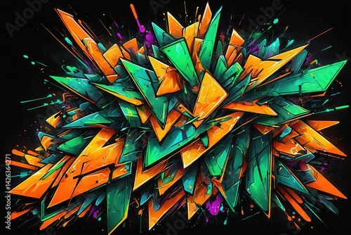Orange and green abstract triangles exploding with colorful splashes on black background, creating a vibrant and dynamic visual