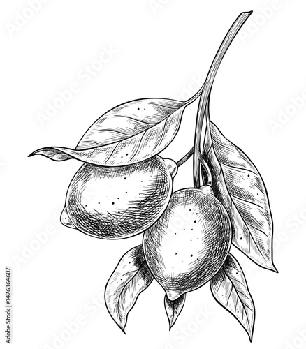 Black and white vector illustration of a Lemon branch with leaves and Fruits in hand drawn engraving style. Monochrome linear drawing of citrus plant for food packaging, juice labels and recipe books.