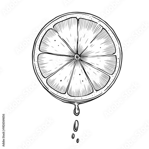 Vector illustration of a Lemon Slice with dripping juice in a vintage engraving style. Linear drawing of circular slice of Lime for drink designs, organic food labels and citrus branding concepts.