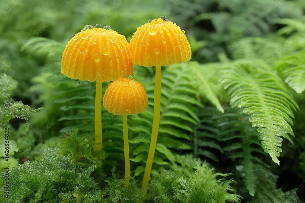 Vibrant yellow mushrooms emerging from lush green ferns in a forest setting during early morning Vibrant yellow mushrooms emerging from lush green ferns in a forest setting during early morning