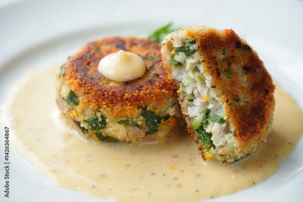 Home made Fish Cake cod, spinach and breadcrumbs. Served on plate with sauce. Cutlets from minced cod. Delicious and nutritious lunch or dinner. Home made Fish Cake cod, spinach and breadcrumbs. Served on plate with sauce. Cutlets from minced cod. Delicious and nutritious lunch or dinner.