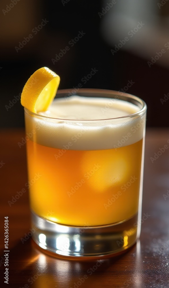 Refreshing whiskey sour cocktail with ice and lemon twist, served in a clear glass on a wooden bar counter in warm ambient lighting. Refreshing whiskey sour cocktail with ice and lemon twist, served in a clear glass on a wooden bar counter in warm ambient lighting.