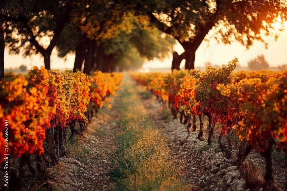 Naklejka premium Vibrant vineyard corridor with autumn foliage and sunlight in an idyllic rural setting