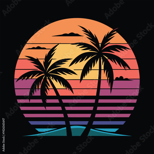 A tropical beach sunset silhouettes a lone figure near palm trees under a vibrant summer sky