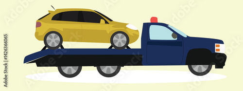 Car tow truck accident roadside assistance. Crash breakdown flatbed blue car