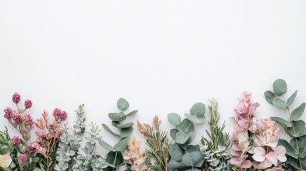Pastel pink and green flowers and eucalyptus leaves border on white background.