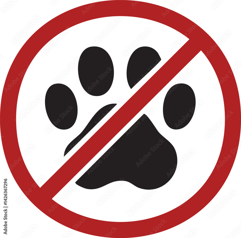 No Pets Allowed Sign – Paw Print with Prohibition Symbol. Pet Prohibited Area Sign – Vector Icon with Red Circle and Slash. No Animals Allowed – Flat Vector Paw Symbol with Ban Mark. No Pets Allowed Sign – Paw Print with Prohibition Symbol. Pet Prohibited Area Sign – Vector Icon with Red Circle and Slash. No Animals Allowed – Flat Vector Paw Symbol with Ban Mark.