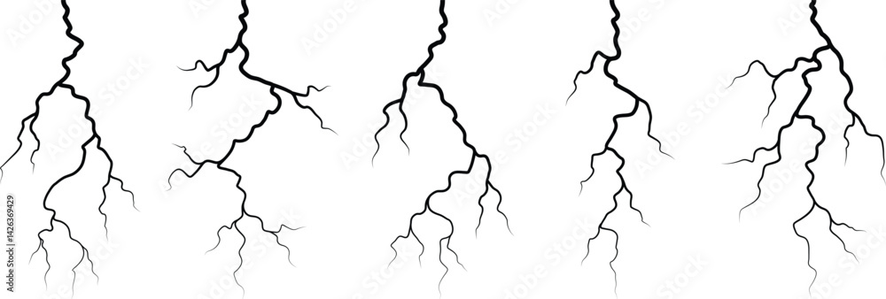 Vector lightning silhouettes set. Thunderstorm design. Vector illustration