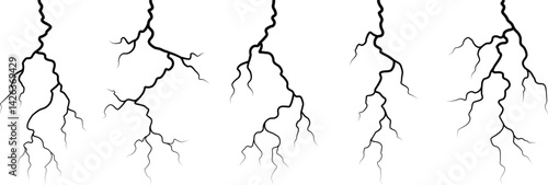 Vector lightning silhouettes set. Thunderstorm design. Vector illustration	