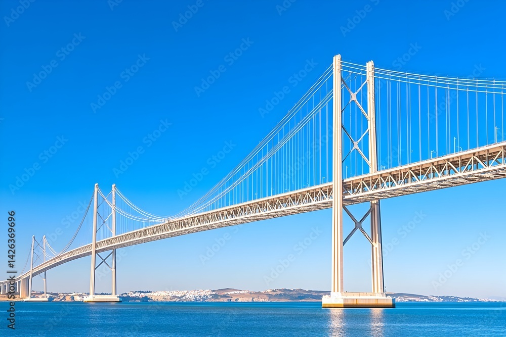 Modern suspension bridge spanning a calm blue waterway under a vibrant sky Modern suspension bridge spanning a calm blue waterway under a vibrant sky