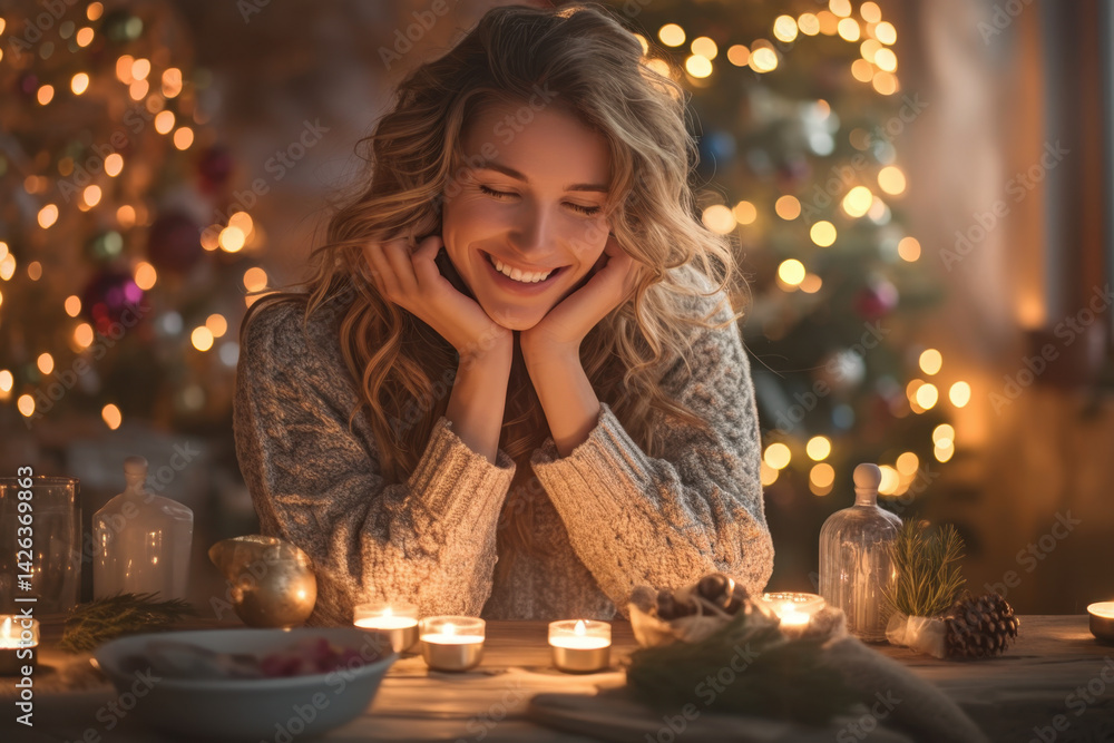 Woman at table with candles, Christmas tree in background. Woman at table with candles, Christmas tree in background.
