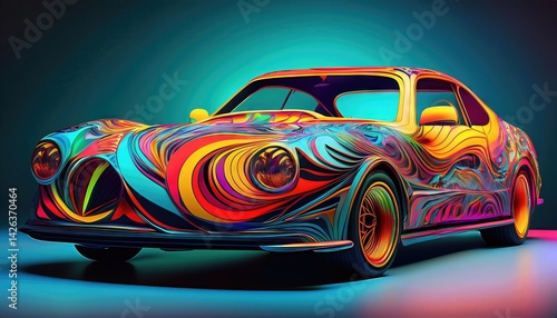Bold Abstract Pattern Transforms a Vibrant Car in a Colorful Urban Landscape, Blurring Boundaries Between Art and Reality, Showcasing an Unconventional Perspective.