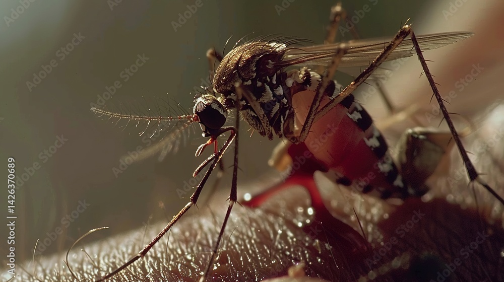 Fototapeta premium Nasty Insect: Mosquito on Her Hand, Piercing Skin and Blood - Feeding