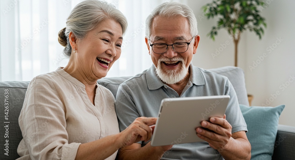 A joyful elderly couple using a tablet together in a bright living room, laughing and engaging with technology, representing digital inclusion, connection, and active aging in a modern world A joyful elderly couple using a tablet together in a bright living room, laughing and engaging with technology, representing digital inclusion, connection, and active aging in a modern world