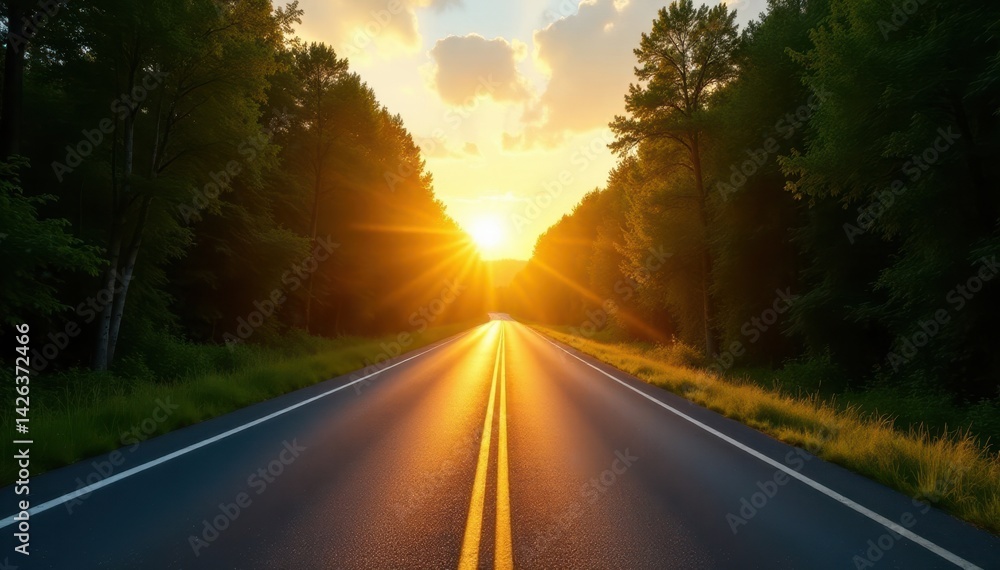 Naklejka premium Golden hour illuminates empty highway cutting through vibrant green woodland , vibrant, scenic
