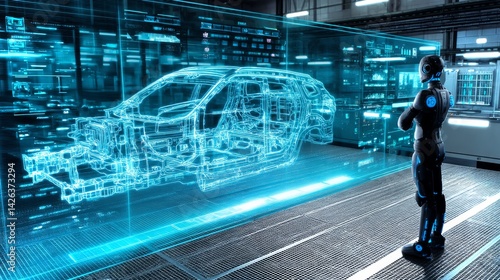 Humanoid figure analyzing advanced holographic car design in a futuristic manufacturing environment