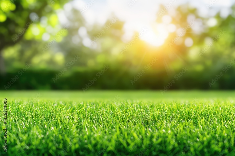Lush green grass in sunlight, blurred trees background Lush green grass in sunlight, blurred trees background