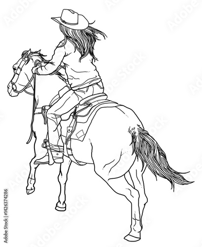 Cowgirl riding horse in western saddle illustration in black and white