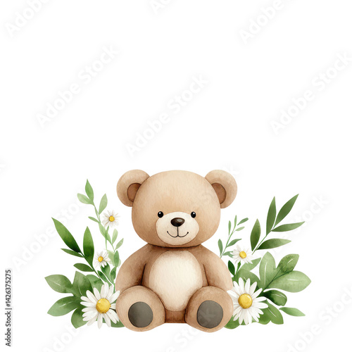 A cute teddy bear surrounded by cheerful flowers and greenery. isolated against a transparent background.