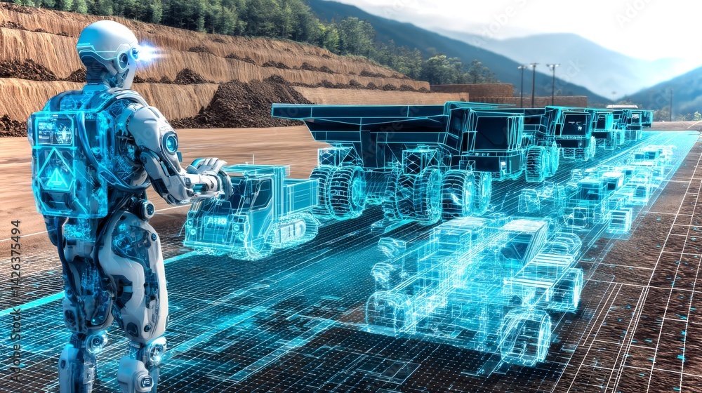 Futuristic matte-blue humanoid utilizes holographic projectors in advanced manufacturing technology