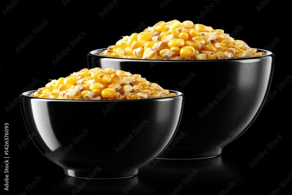 Yellow corn kernels in black bowls set against a dark background showcasing freshness and texture Yellow corn kernels in black bowls set against a dark background showcasing freshness and texture