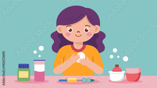 A young girl beams with pride as she demonstrates a stepbystep tutorial on how to make homemade lip balm complete with e packaging and customizable. Vector illustration