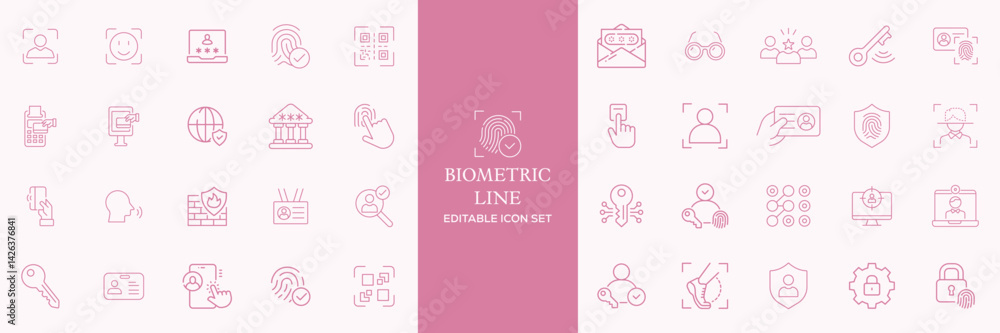 Set of biometric line icons. Identity, acces, passport, id card, verification etc. Editable stroke Set of biometric line icons. Identity, acces, passport, id card, verification etc. Editable stroke