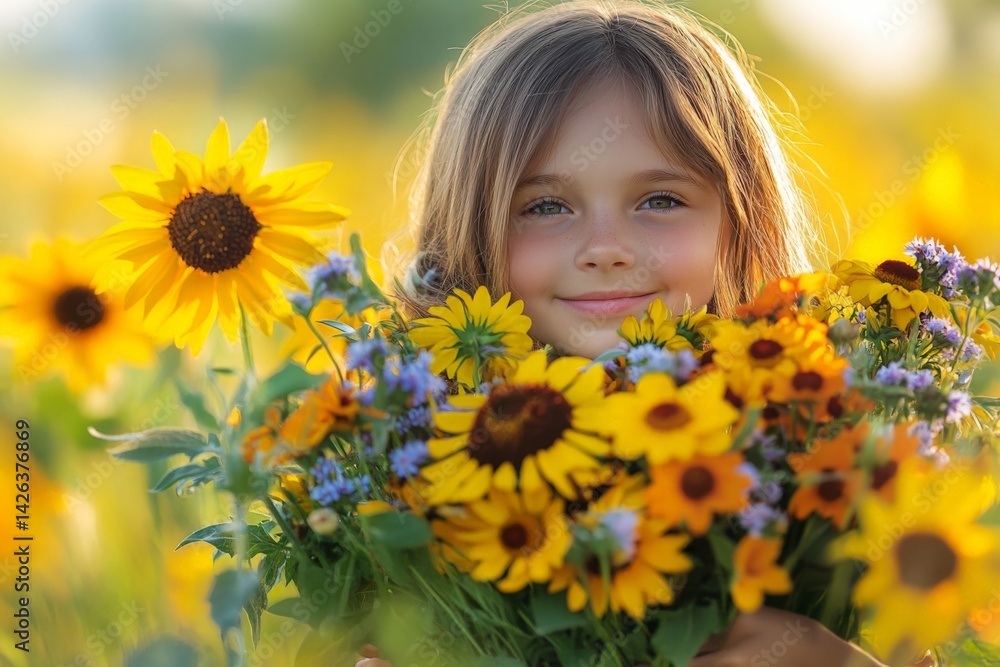 Girl smiling while holding a large bouquet of sunflowers and wildflowers in a bright yellow flower field during golden hour Girl smiling while holding a large bouquet of sunflowers and wildflowers in a bright yellow flower field during golden hour