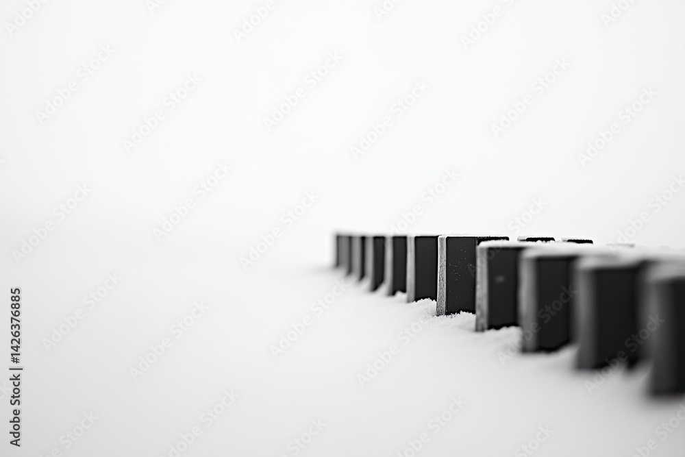 Snow-covered fence posts receding into a white, blurry background. Minimalist winter scene