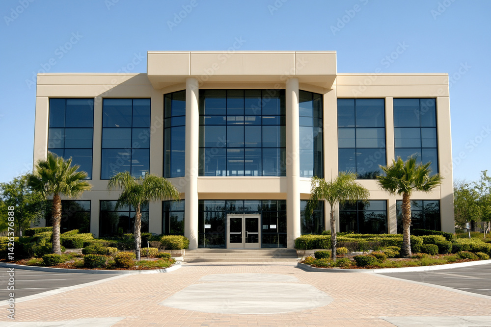 Fototapeta premium Sleek glass office building facade with clear blue skies, professional background for tech or corporate product placement 