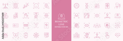 Set of biometric line icons. Identity, acces, passport, id card, verification etc. Editable stroke