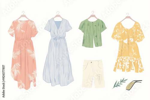 A beautiful illustration of stylish summer dresses, shorts, and tops, hanging on display, ready to wear.