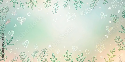 Pastel Green and Beige Background with Hand-Drawn Floral Elements and Hearts