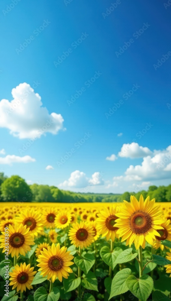 Fototapeta premium Golden sunflowers, vibrant blue sky, summer field , background, joyful, color