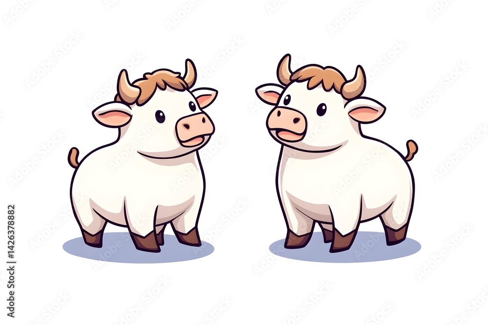 Two adorable cartoon white bulls Two adorable cartoon white bulls
