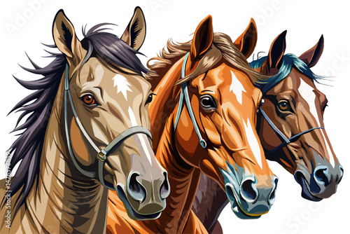 Horses Different thoroughbred stallion breeds during gallop on white isolated background, animal banner