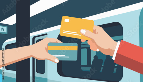 Hands exchanging contactless payment cards in the subway, modern efficiency

