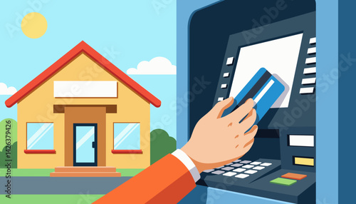 Hand using ATM card in front of a house on a sunny day  