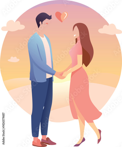 Romantic Couple Holding Hands at Sunset Landscape Illustration