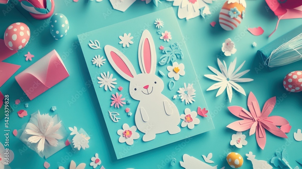 Fototapeta premium Flat lay of handmade Easter cards with bunny illustrations and paper cutouts on a craft desk