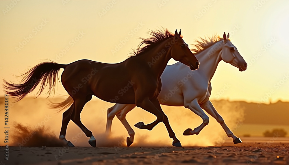 Two horses running against sunset background
Two horses running against sunset background