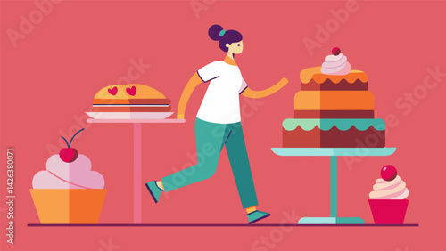 A person on a diet walking past a tempting dessert buffet but reminding themselves of their goals and choosing to stay on track.. Vector illustration