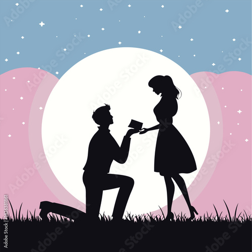Romantic Silhouette Couple Moonlit Proposal Night