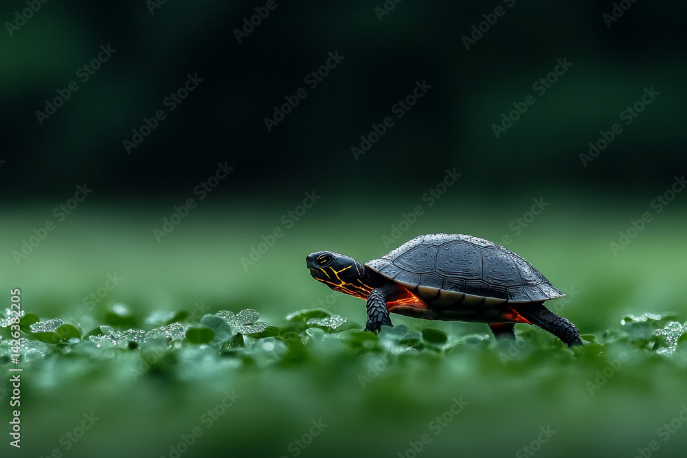 Fototapeta premium Miniature turtle with glowing shell walking across dew-covered clover field soft sparkles at dawn 