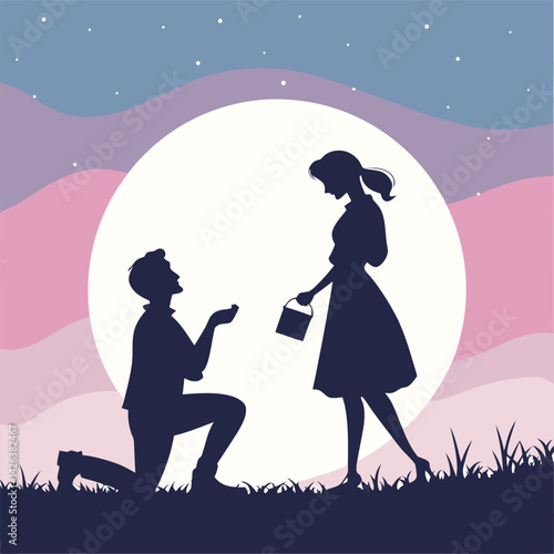 Romantic Silhouette Couple Moonlit Night Proposal Scene