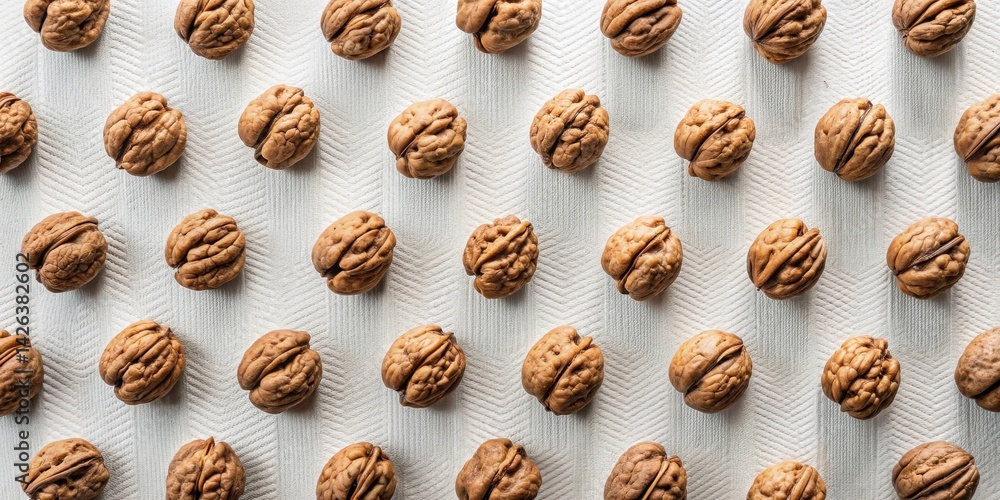 Overhead View of Walnuts Arranged in a Repeating Pattern on a Textured Surface Overhead View of Walnuts Arranged in a Repeating Pattern on a Textured Surface