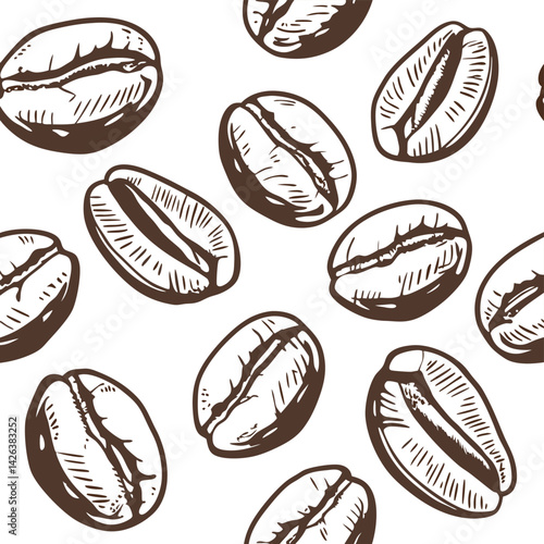 A repeating pattern of sketched coffee beans, both whole and split, in brown tones on a white background.