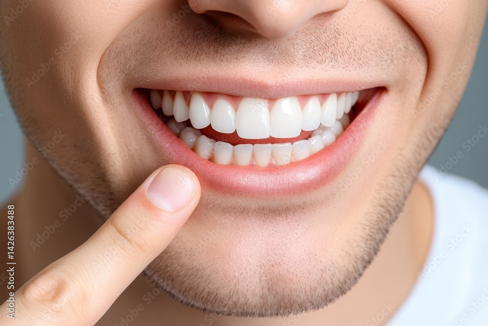Fototapeta premium Dental clinic ads concept featuring a portrait of a smiling young man pointing to his perfect natural white teeth after whitening treatment
