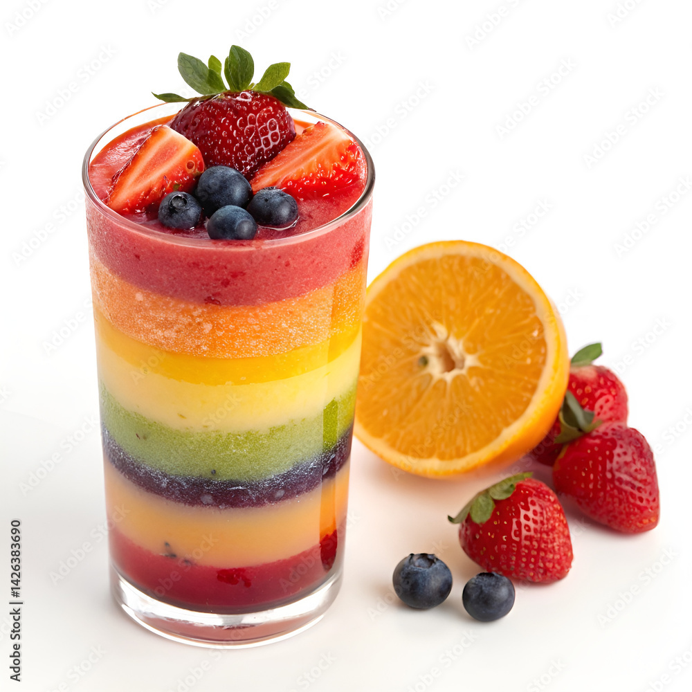 Rainbow Fruit Punch - A colorful mix of various fruit juices layered with fresh fruit pieces for a stunning presentation. Rainbow Fruit Punch - A colorful mix of various fruit juices layered with fresh fruit pieces for a stunning presentation.