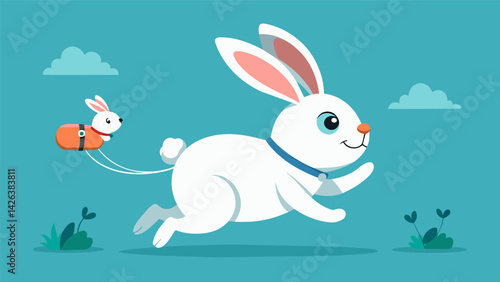 A fluffy bunny hopping along with a tiny fitness tracker attached to its collar as its owner watches proudly with their phone in hand.. Vector illustration